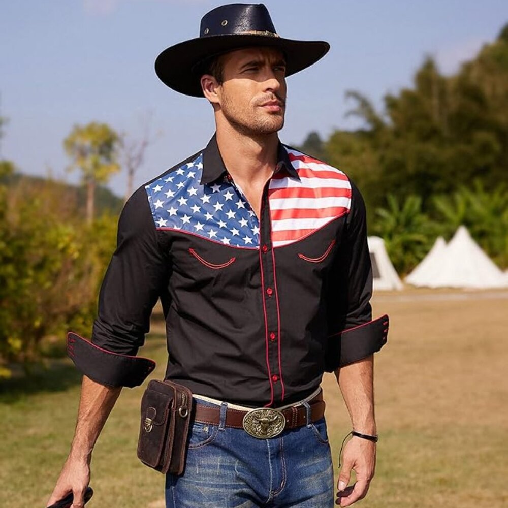 NEW! Men's Casual Western Style Cowboy Shirt American Flag Button Down Shirts